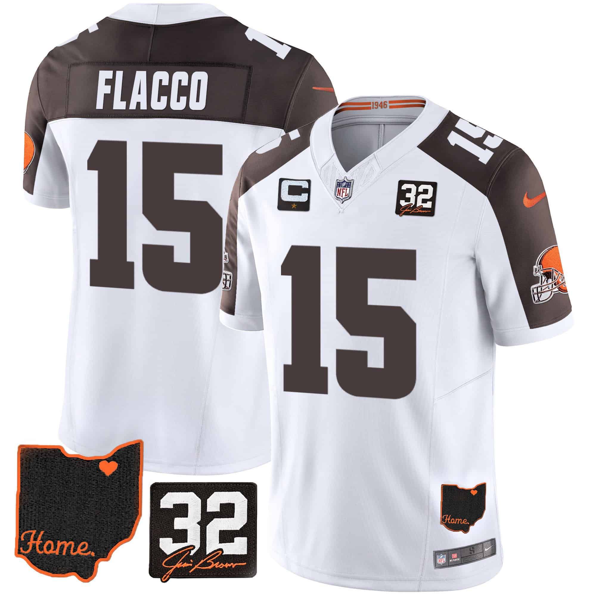 Men Cleveland Browns 15 Flacco White Memorial Home Patch 2024 Nike NFL Jersey style 1